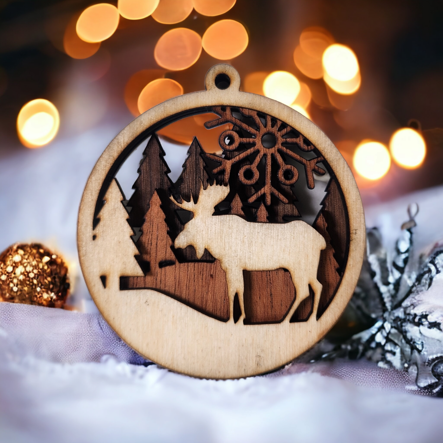 Christmas Ornament - Layered Moose, Snowflakes and Forest