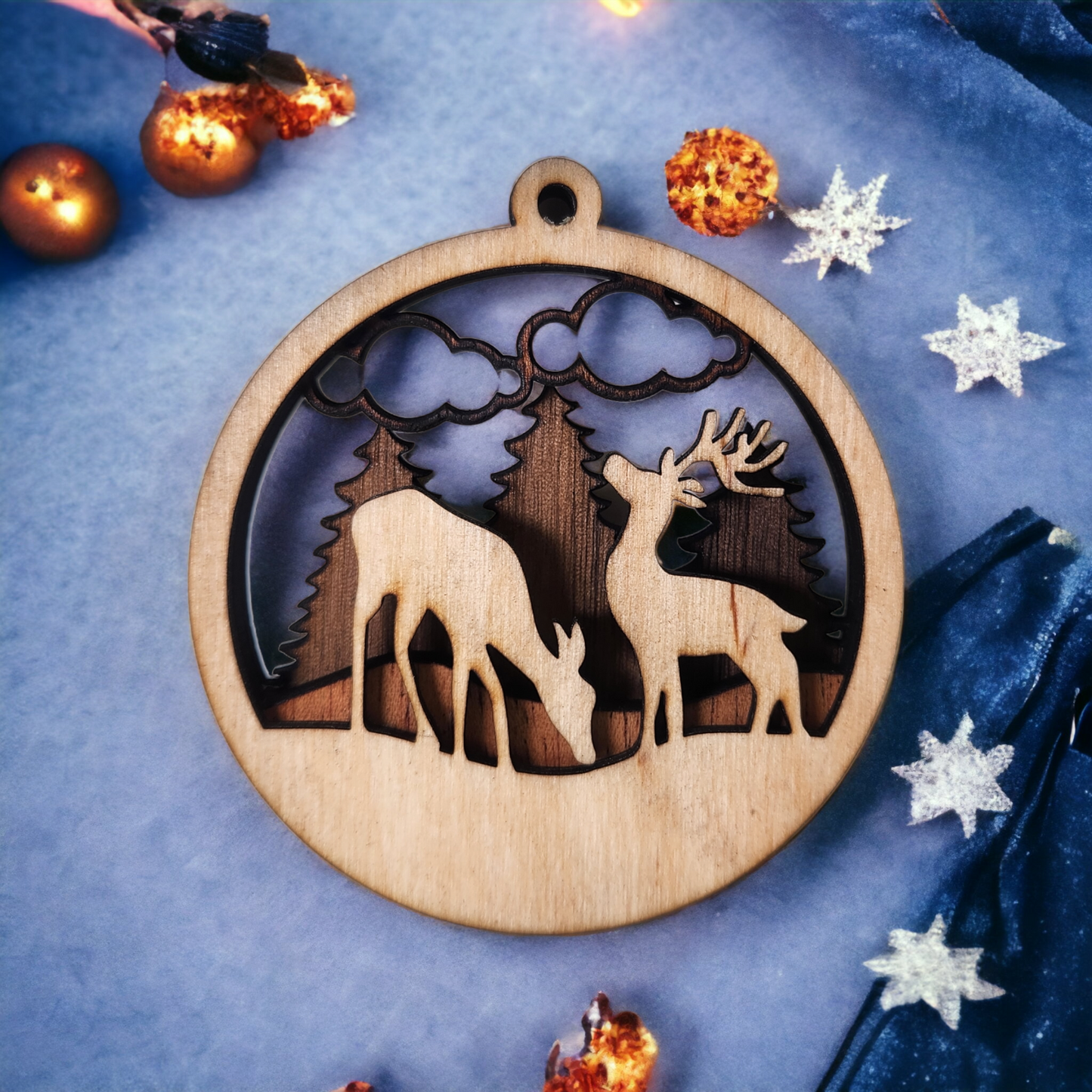 Christmas Ornament - Layered Deer, Clouds and Forest